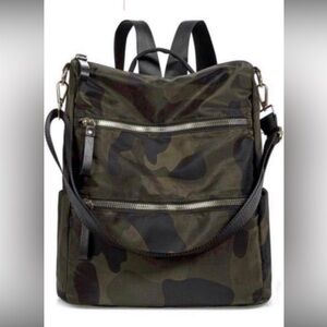 Nylon Camouflage Backpack / Crossbody Bag/ Purse w/Gold Accents.
